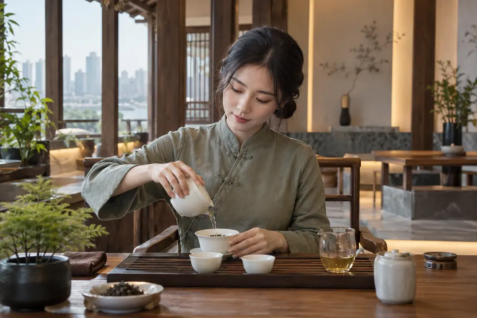 新中式盖碗冲泡场景，茶席上摆放盖碗与公道杯