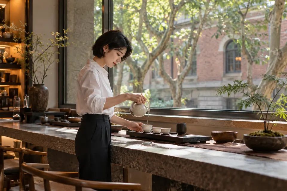 都市梧桐街区茶室中倒茶的场景，白瓷茶具与窗外街景