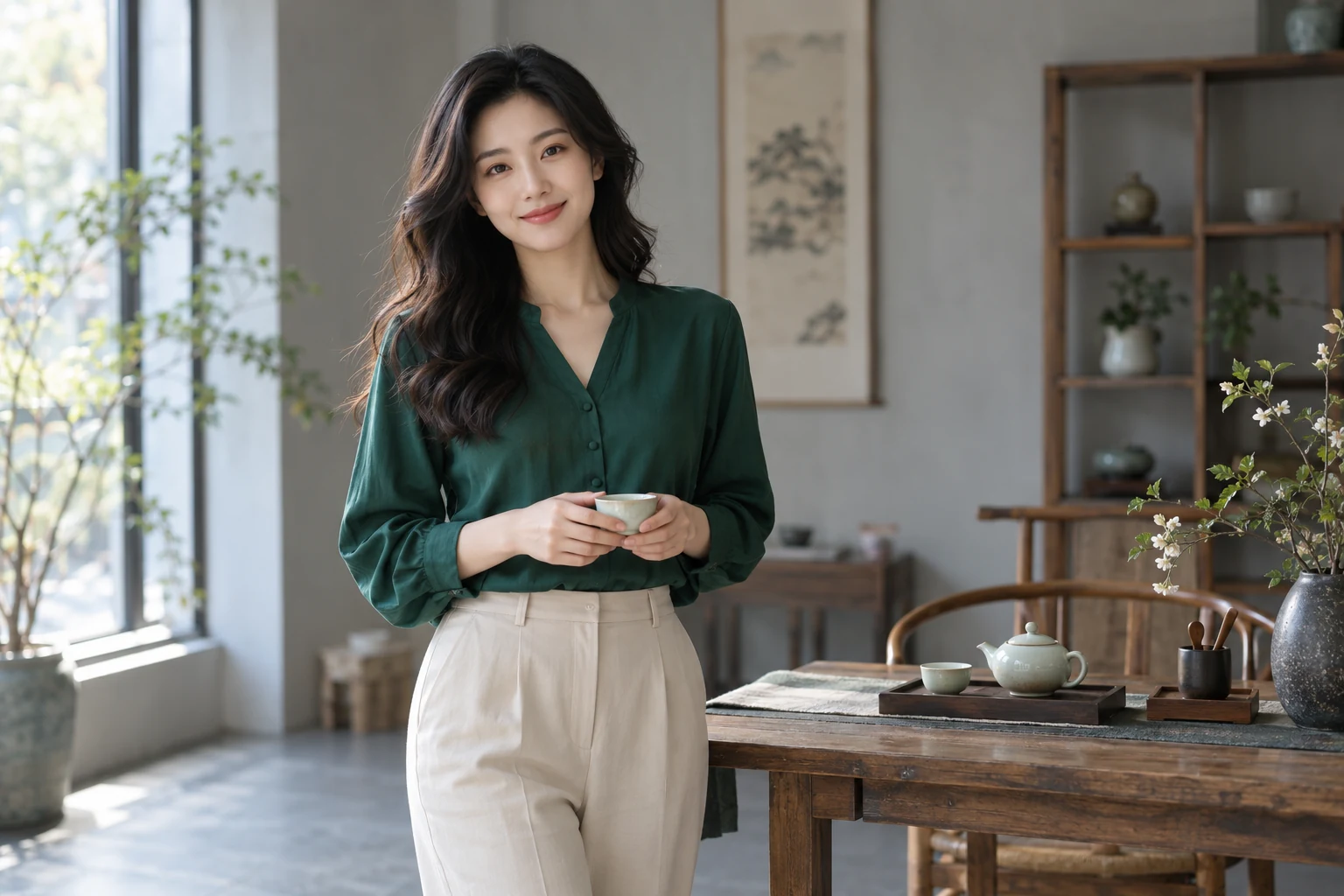 现代茶室中站立品茶的年轻女性，身后是简洁的茶席与空间